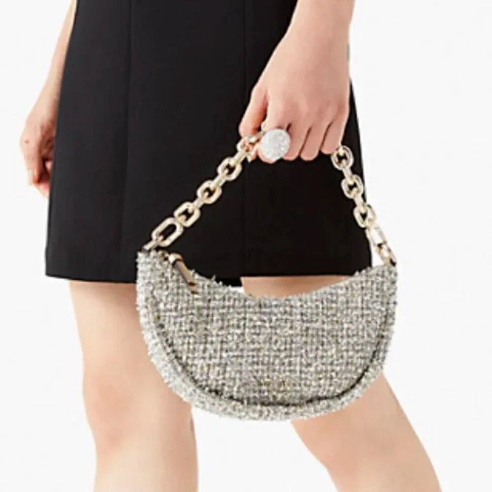 Kate Spade Smile Small Crossbody Silver Tweed Metallic Leather Chain Top Handle - Picture 6 of 12